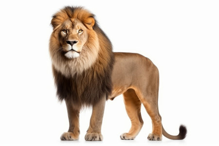 Lion standing on hind legs, side view, isolated on whiteの素材