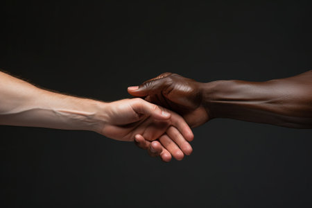 Partial view of african american man and woman shaking hands against black backgroundの素材