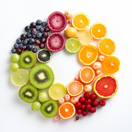 Fruits and berries in the form of a circle on a white backgroundの素材