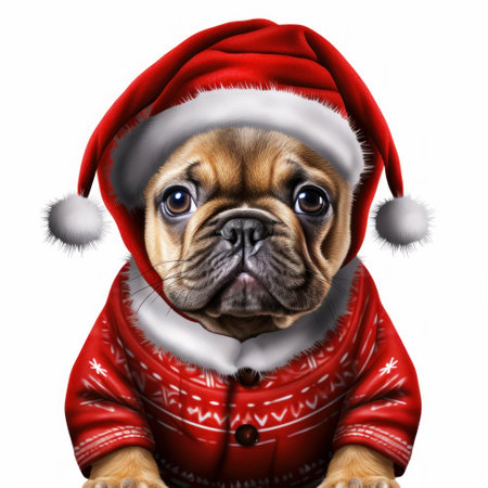 christmas dog - french bulldog wearing santa claus hatの素材
