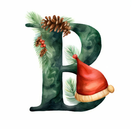 Christmas font. Letter B in the form of a Christmas tree with a Santa Claus hat. Watercolor illustrationの素材