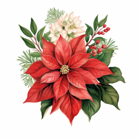 Christmas bouquet with poinsettia and holly berries. Vector illustration.の素材