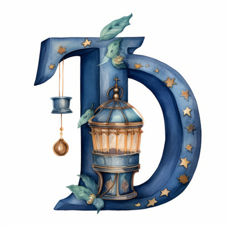 Vintage letter D with lantern. Hand drawn watercolor illustration.の素材