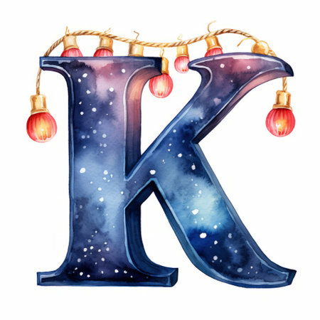 Christmas letter K with christmas decorations. Watercolor hand drawn illustrationの素材
