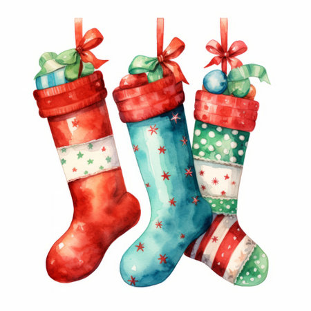 Watercolor christmas socks. Hand drawn illustration isolated on white backgroundの素材