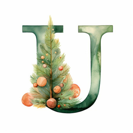 Watercolor letter U with Christmas tree branches. Hand painted font.の素材
