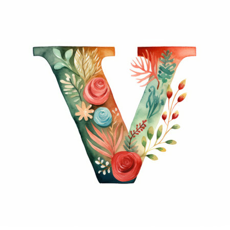 Watercolor letter V with flowers and leaves. Hand drawn font.の素材