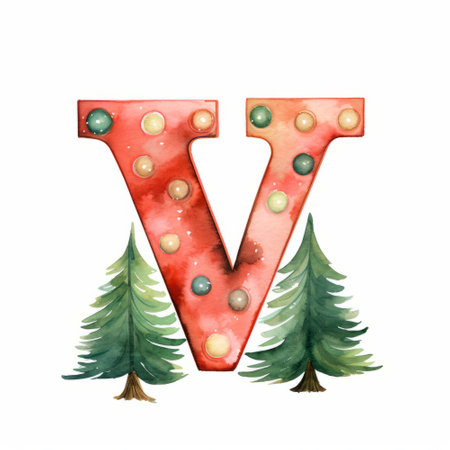 Alphabet letter V with Christmas tree, watercolor illustration on white backgroundの素材
