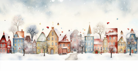 Winter cityscape with snow covered houses and trees. Watercolor illustration.の素材