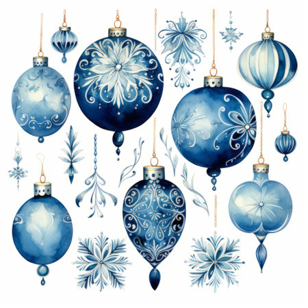 Watercolor set of blue Christmas balls with snowflakes. Hand painted illustration isolated on white backgroundの素材