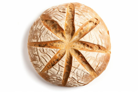 Freshly baked round bread isolated on white background. top viewの素材