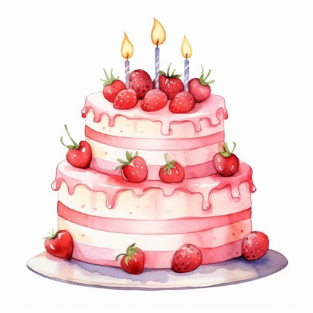 Watercolor birthday cake with candles and berries isolated on white background.の素材
