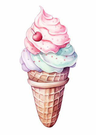 Ice cream in waffle cone. Watercolor hand drawn illustration.の素材