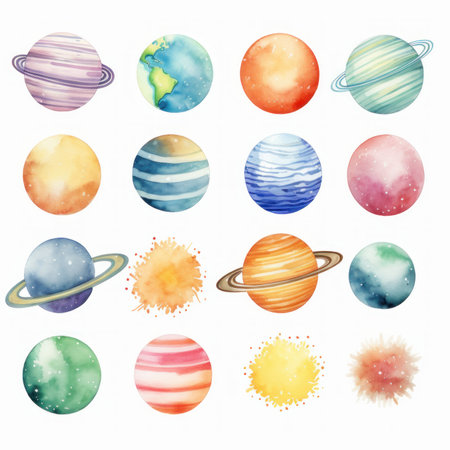 Set of planets, isolated on white background. Watercolor illustration.の素材