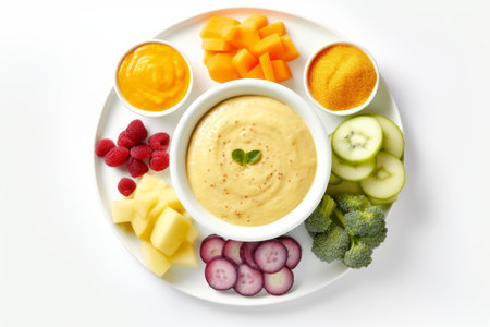 Hummus with fresh fruits and vegetables on white background, top viewの素材