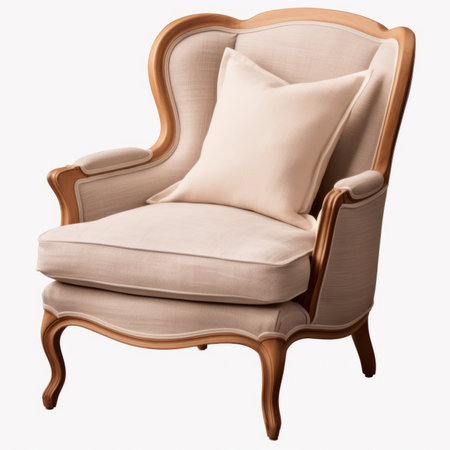Classic beige armchair with pillows isolated on white background. 3d renderingの素材