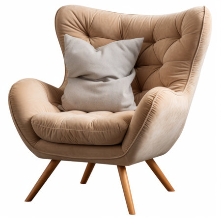 Modern beige armchair with pillows isolated on white background. 3d renderingの素材