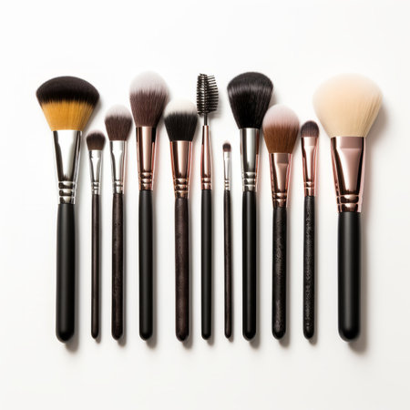 Makeup brushes isolated on white background. top view Flat lay.の素材
