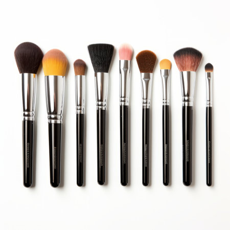 Set of makeup brushes on white background. top view Flat lay.の素材