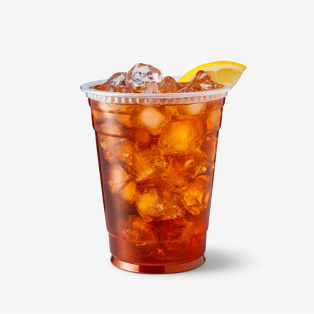 Glass of iced tea with lemon and ice cubes isolated on white backgroundの素材