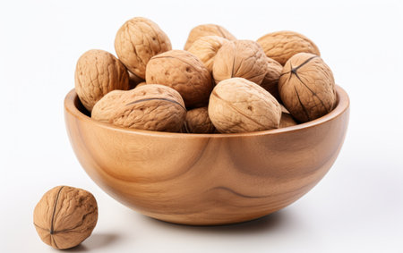Walnuts in a wooden bowl on a white background close-upの素材