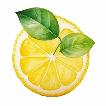Watercolor illustration of lemon with green leaves isolated on white background.の素材