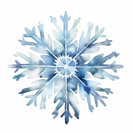 Watercolor blue snowflake isolated on white background. Watercolor hand drawn illustration.の素材