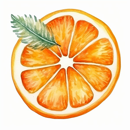 Watercolor illustration of a slice of orange on a white background.の素材