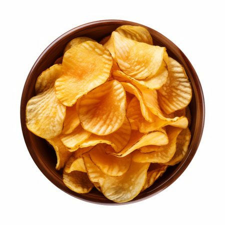 Potato chips in bowl isolated on white background. top viewの素材