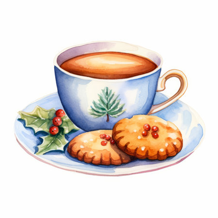 Cup of coffee and cookies. Watercolor hand drawn illustration isolated on white backgroundの素材