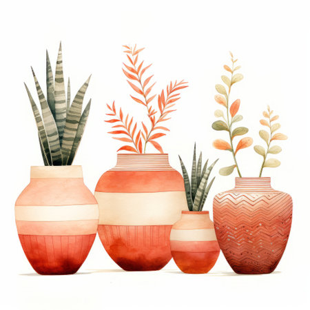 Watercolor illustration of a set of terracotta vases with succulentsの素材