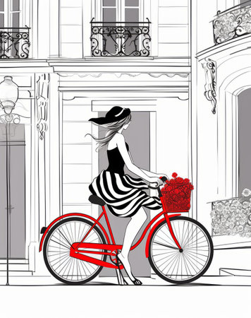 Beautiful girl on a bicycle in the city. Vector illustration.の素材