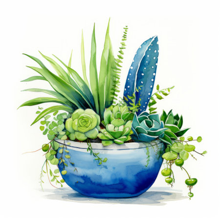 Watercolor illustration of succulents in a pot on white backgroundの素材
