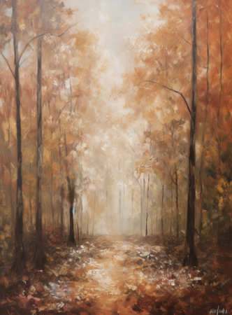 Autumn landscape. Trees in the autumn forest. Painting on canvas.の素材