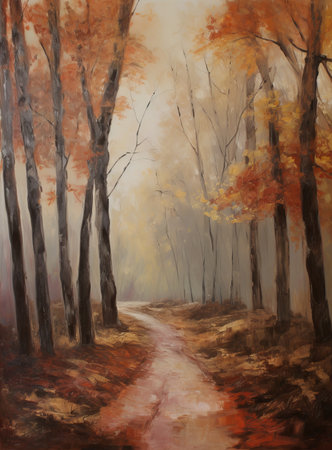 Autumn forest landscape. Digital painting of autumn forest with path and treesの素材