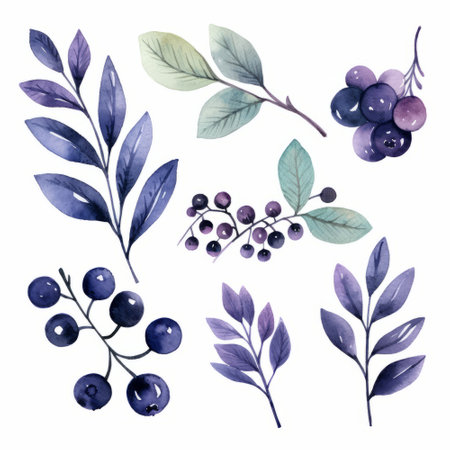 Set of hand drawn watercolor berries and leaves. Vector illustration.の素材