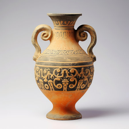 Antique clay vase with floral ornament on a gray background.の素材