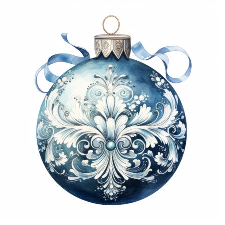 Blue christmas ball isolated on white background. Watercolor illustration.の素材