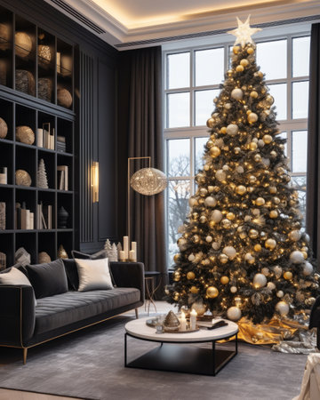Christmas living room interior with Christmas tree and decorations. 3d renderingの素材