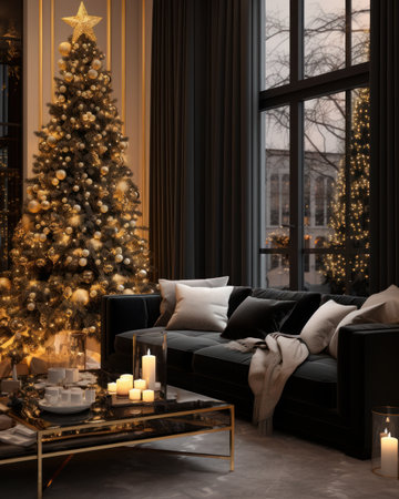 Luxury living room interior with Christmas tree and fireplace. 3d renderingの素材