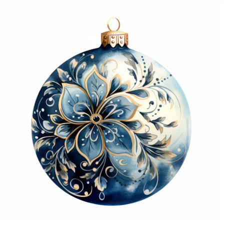 Blue Christmas ball with floral ornament isolated on white background. Watercolor illustration.の素材