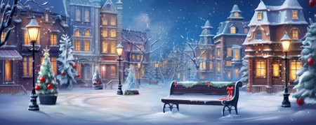 Winter city at night. Christmas landscape with cozy houses, trees, lanterns and bench.の素材