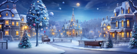 Winter night in the city. Christmas and New Year concept. Panoramaの素材