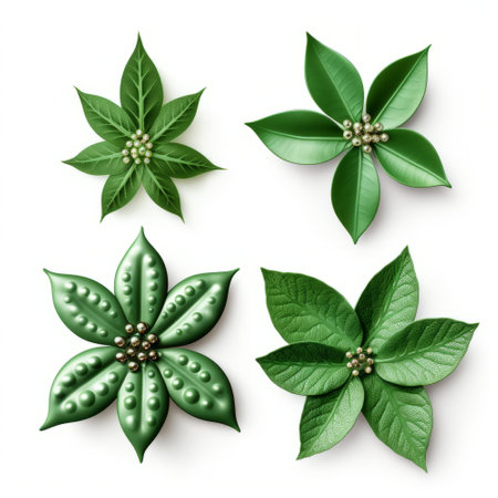 Set of green leaves isolated on white background. 3D illustration.の素材