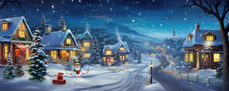 Winter night in the village. Christmas and New Year holiday background.の素材