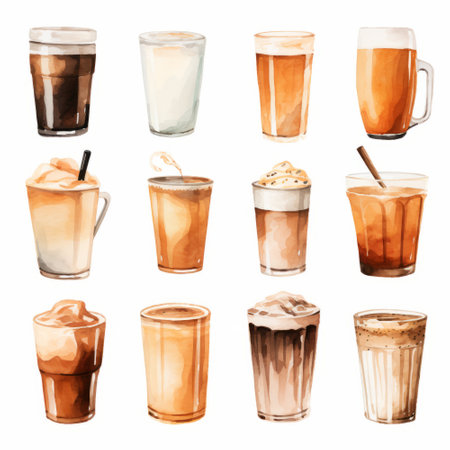 Iced coffee set. Watercolor hand drawn illustration isolated on white backgroundの素材