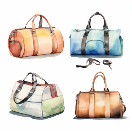 Watercolor illustration of a set of women's handbags isolated on white backgroundの素材