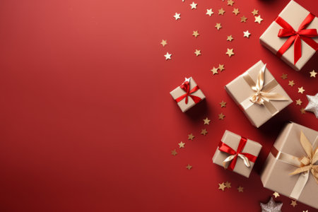 Christmas or New Year background with gift boxes and stars on red background.の素材