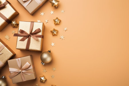 Christmas composition Giftsrations on orange background. Flat lay, top view, copy spaceの素材