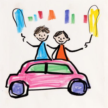 Children's drawing of a happy family with a car on a white backgroundの素材